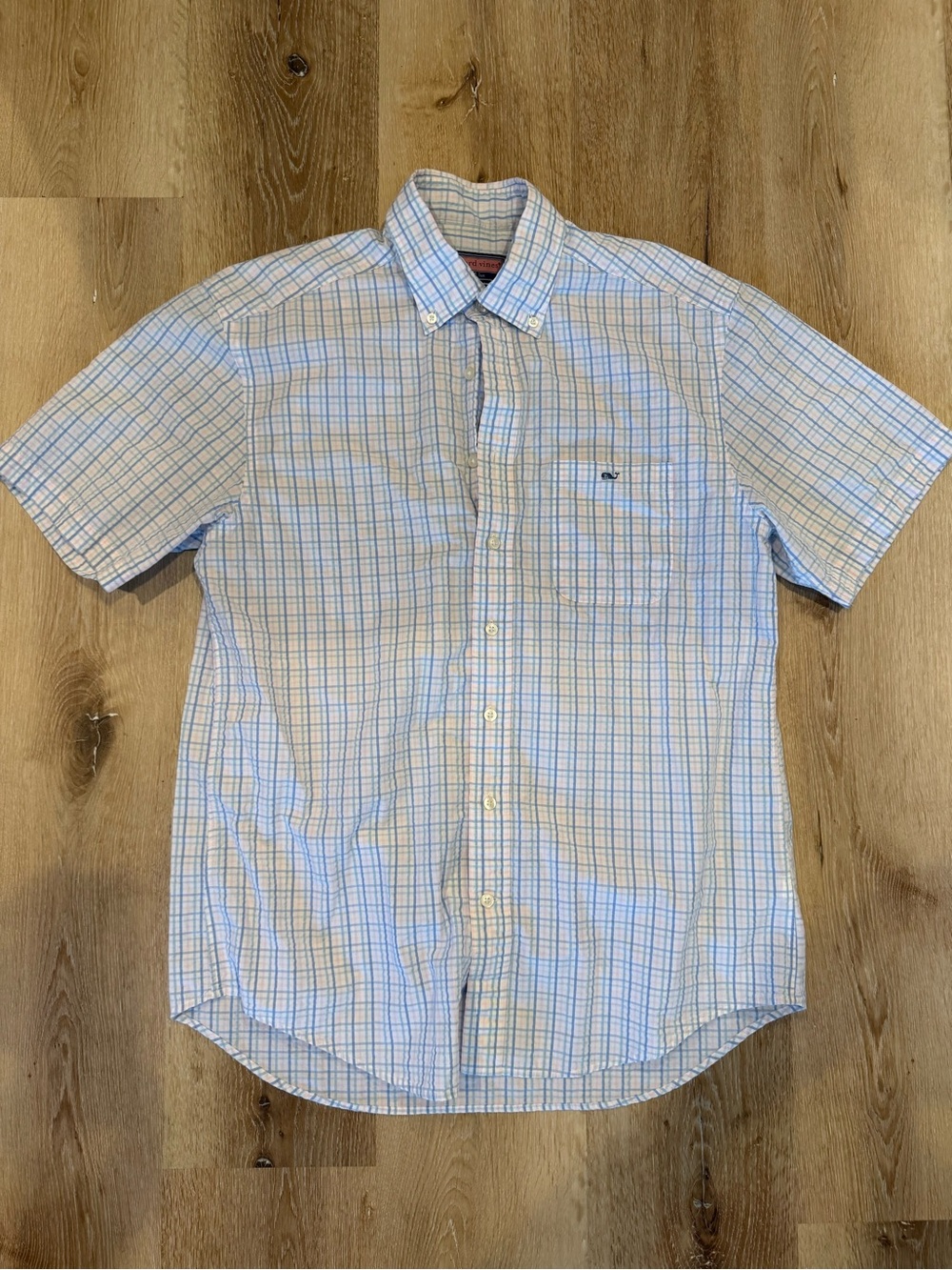 Vineyard Vines Men’s Blue and White Plaid Short-Sleeve Button-Down Tucker Shirt